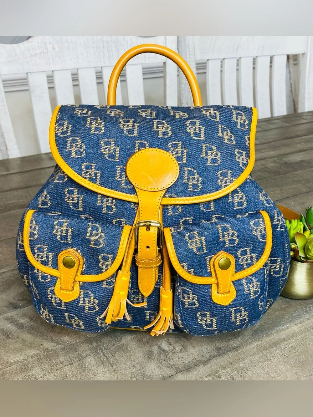Vintage Dooney & Bourke Denim Monogram Backpack Purse DB Canvas Tan Leather Trim